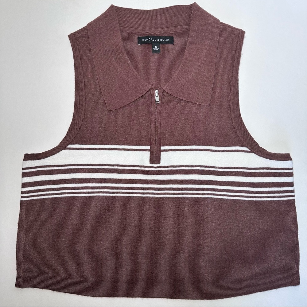 Kendall & Kylie Pacsun Cropped Sweater Vest with Collar and Zipper Small Brown